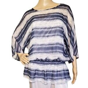 Chico's Size 2 Sheer Blue White Striped Blouson Top Pullover  Elastic Waist  T43